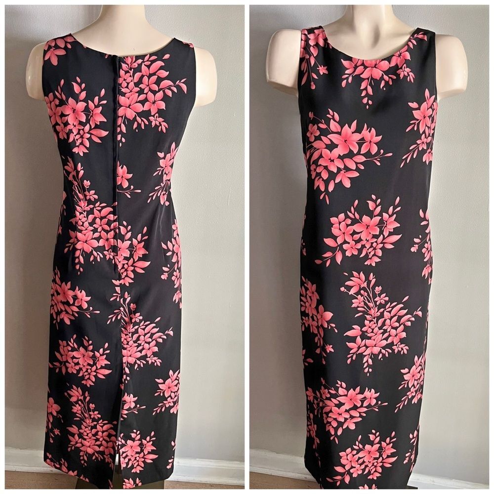 Vintage Studio I Black Pink Floral Midi Dress Petite 10P Sleeveless